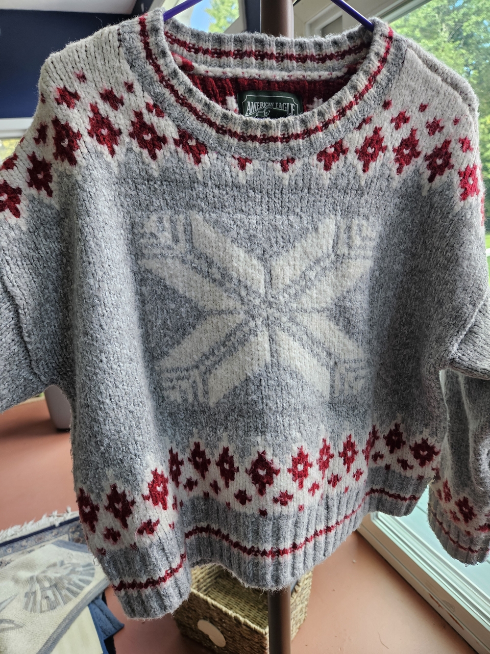 American Eagle Outfitters Gray & Red Fair Isle Turtleneck-Style Pullover